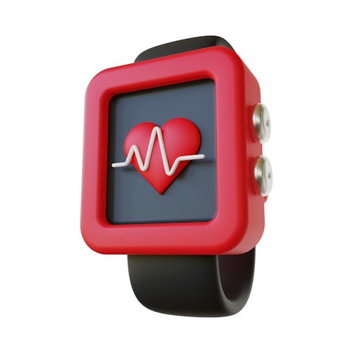 A digital smartwatch with a prominent red frame displays a heart symbol with a white electrocardiogram line on its screen. The watch also features a black band and metallic buttons on the side, giving it a modern and sleek appearance.