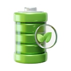 A 3D illustration of a green battery with a glass magnifying circle displaying two green leaves, symbolizing environmentally friendly or green energy.