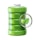 A 3D illustration of a green battery with a glass magnifying circle displaying two green leaves, symbolizing environmentally friendly or green energy.