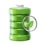 A 3D illustration of a green battery with a glass magnifying circle displaying two green leaves, symbolizing environmentally friendly or green energy.