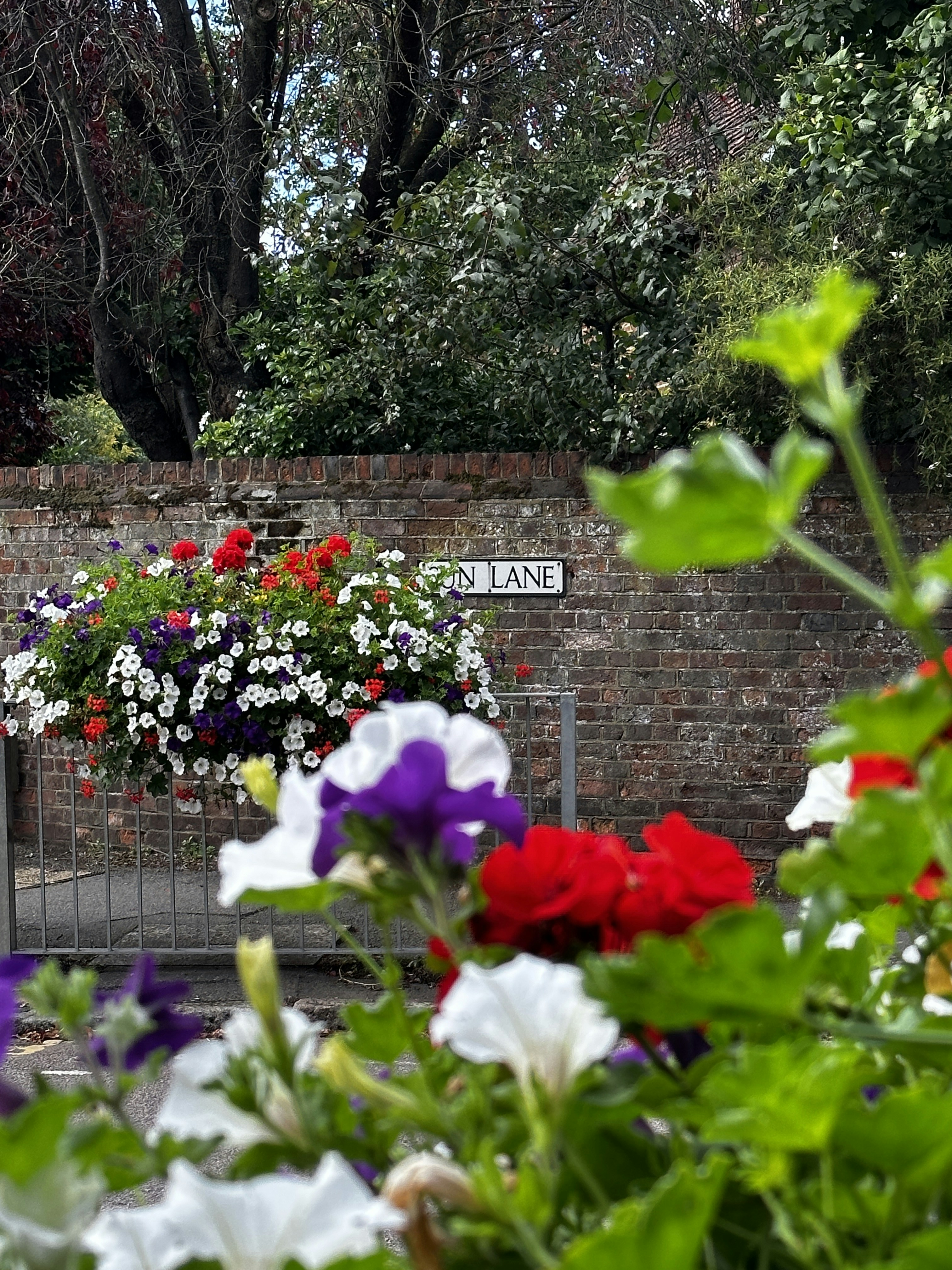 a brick wall with a bunch of flowers in front of it