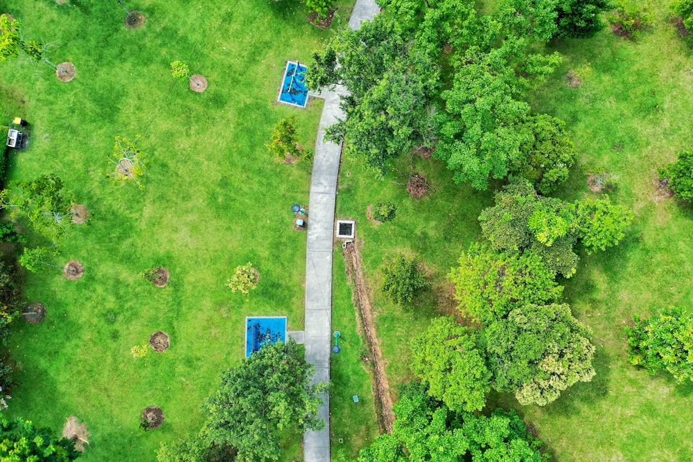 an aerial view of a grassy area with trees