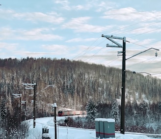 a train traveling through a snow covered forest