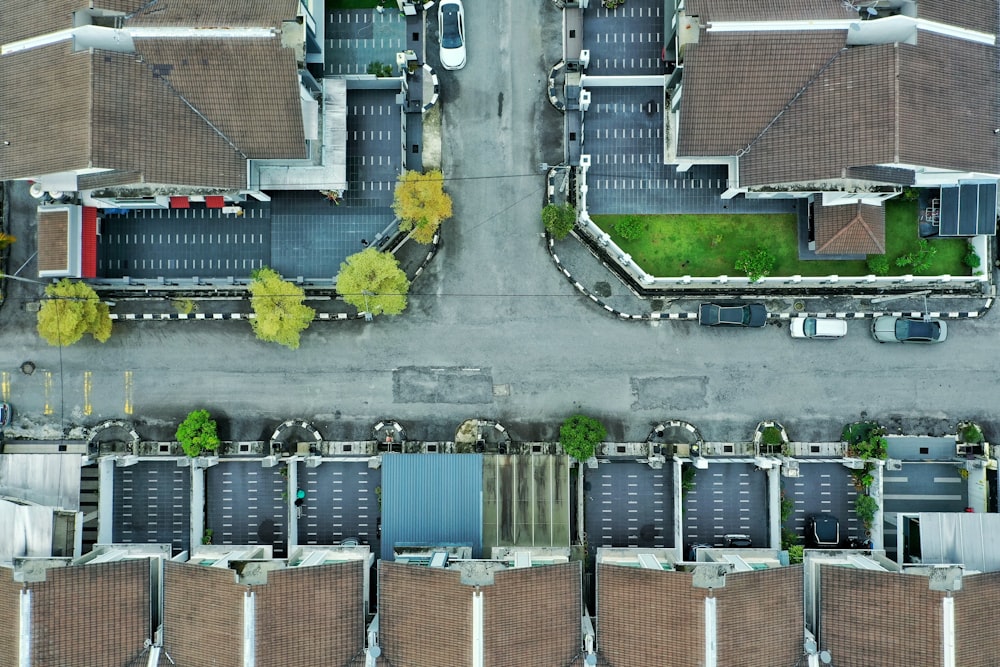 an aerial view of a parking lot and a parking lot