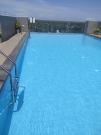 A rooftop swimming pool with crystal clear blue water, surrounded by a sleek modern railing. On the deck, there are a few green potted plants. In the distance, a lush green landscape extends towards the horizon, with a tall building visible against a clear blue sky.