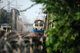 A train approaches on a railway track, surrounded by greenery and overhead power lines. The train has a blue and cream exterior and is moving towards the viewer. In the background, utility poles and railway structures are visible, with a human figure standing near the tracks.