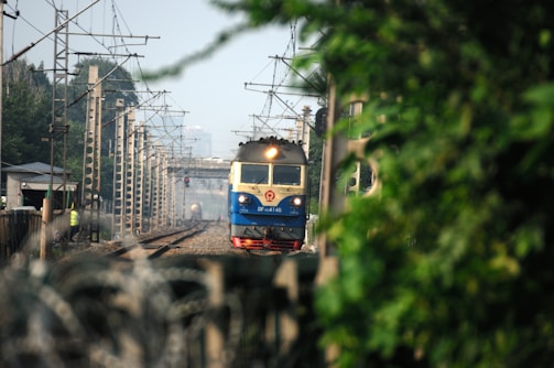 A train approaches on a railway track, surrounded by greenery and overhead power lines. The train has a blue and cream exterior and is moving towards the viewer. In the background, utility poles and railway structures are visible, with a human figure standing near the tracks.