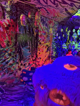 Wide cinematic view of a blurred playful room with abstract colorful blocks and floating toy rockets glowing softly.