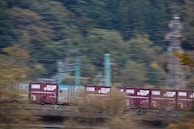 A moving freight train is captured in motion, with bright cargo containers prominently displayed against a backdrop of blurred greenery and utility poles. The train is composed of purple and blue containers, each bearing distinctive logos and text.
