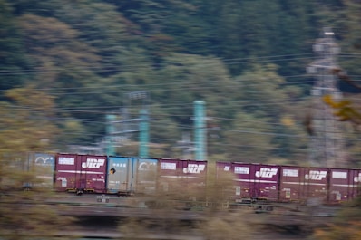 A moving freight train is captured in motion, with bright cargo containers prominently displayed against a backdrop of blurred greenery and utility poles. The train is composed of purple and blue containers, each bearing distinctive logos and text.