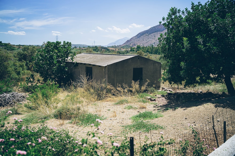 an abandoned building in a field with mountains in the background