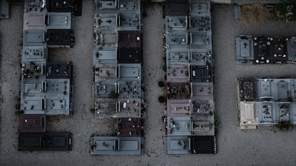 an aerial view of a parking lot full of parking meters