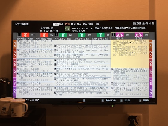 The image depicts a television screen displaying a Japanese TV guide with multiple channels and time slots. Various programs are listed with text in Japanese. Below the TV, two white mugs with a hotel name logo are placed on a surface.