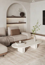 Sophisticated living room featuring bespoke wooden shelves and warm beige tones.