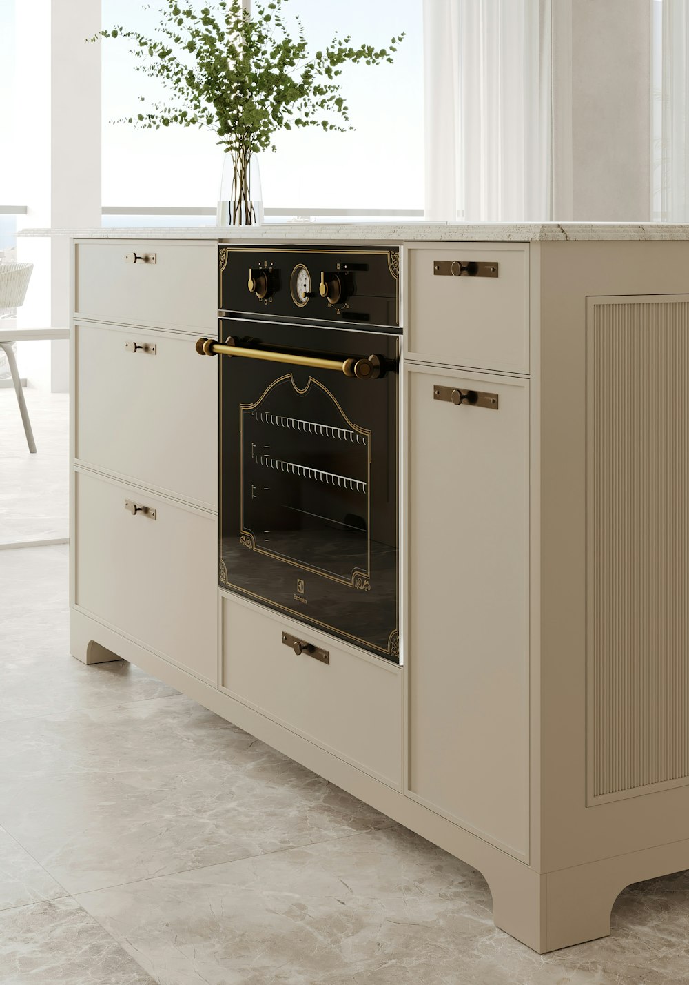 a kitchen with a stove and a vase with a plant in it