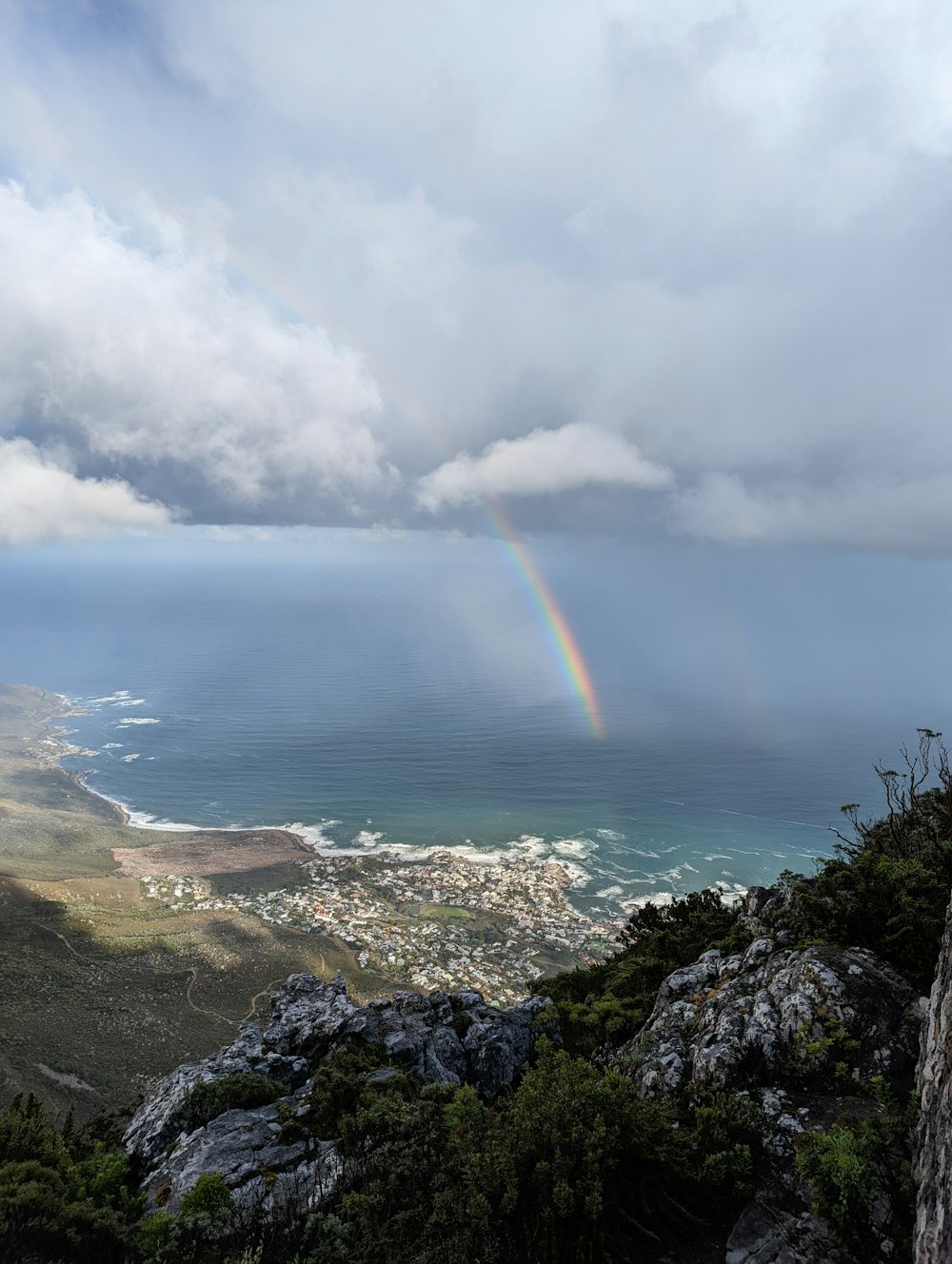 a rainbow in the sky over a large body of water