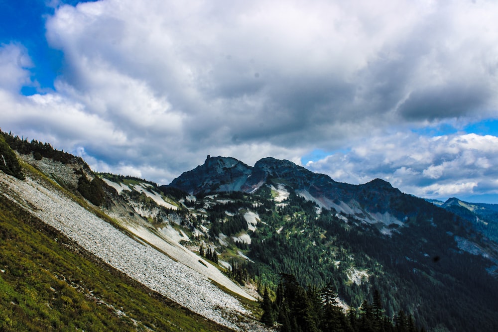 a view of a mountain range with clouds in the sky