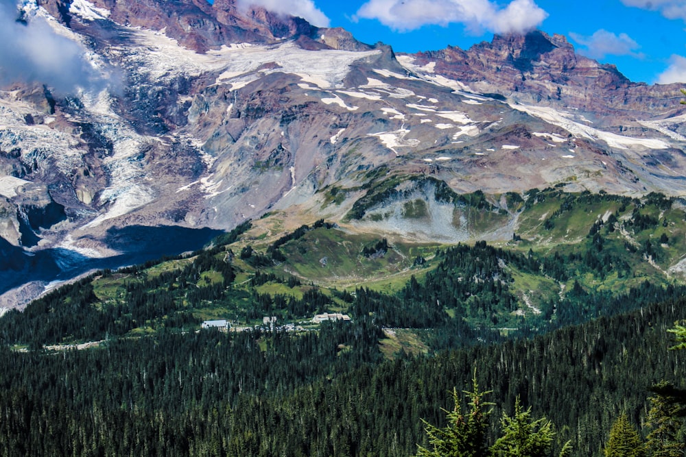 a view of a mountain range with trees in the foreground