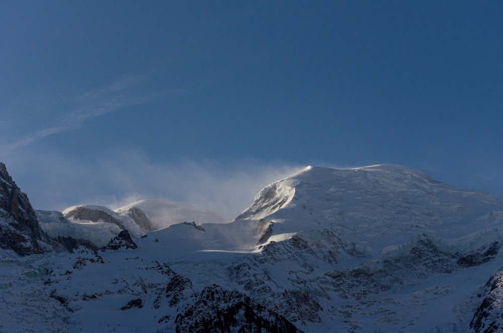 a mountain covered in snow under a blue sky