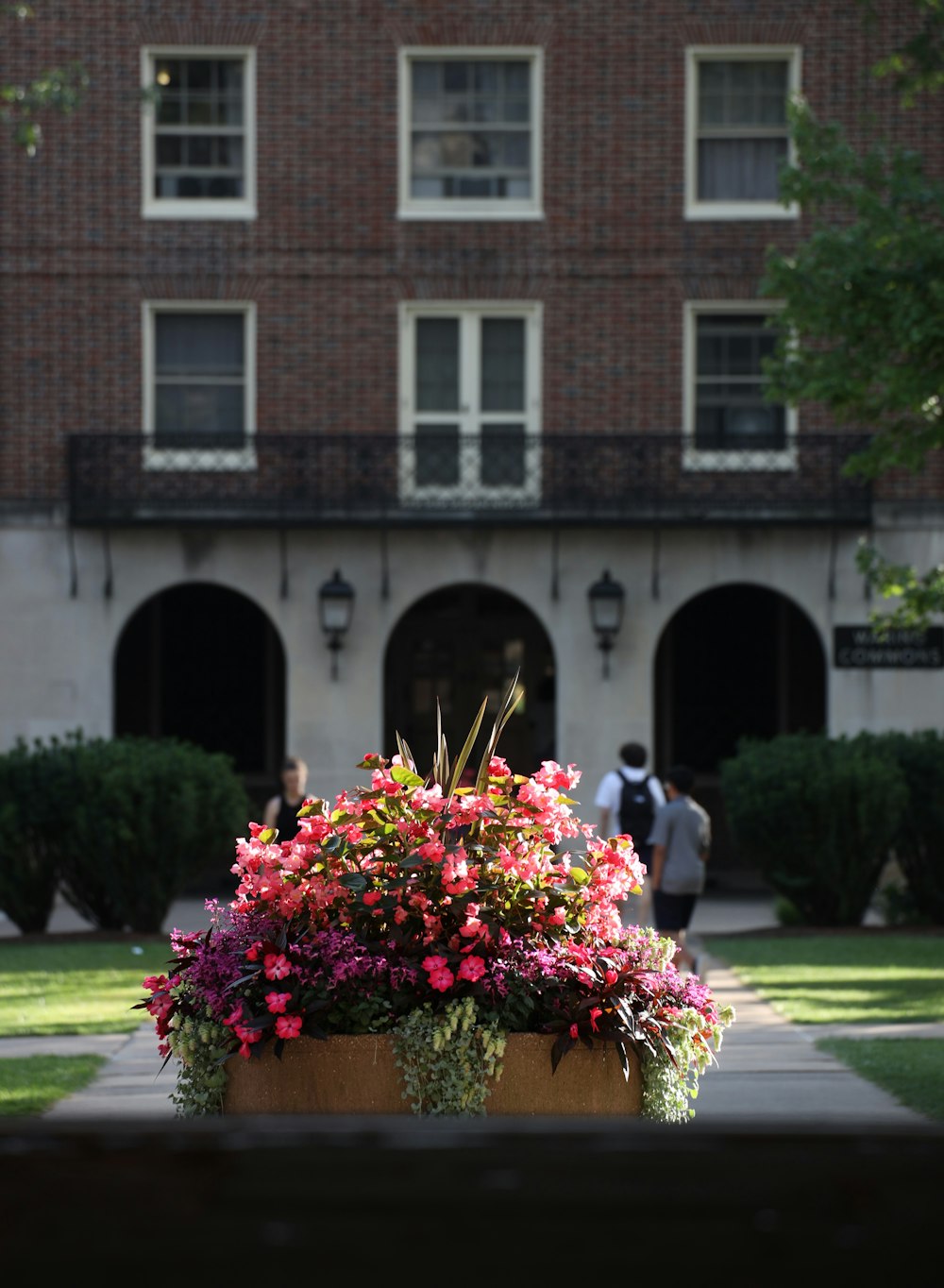 a planter filled with flowers in front of a building