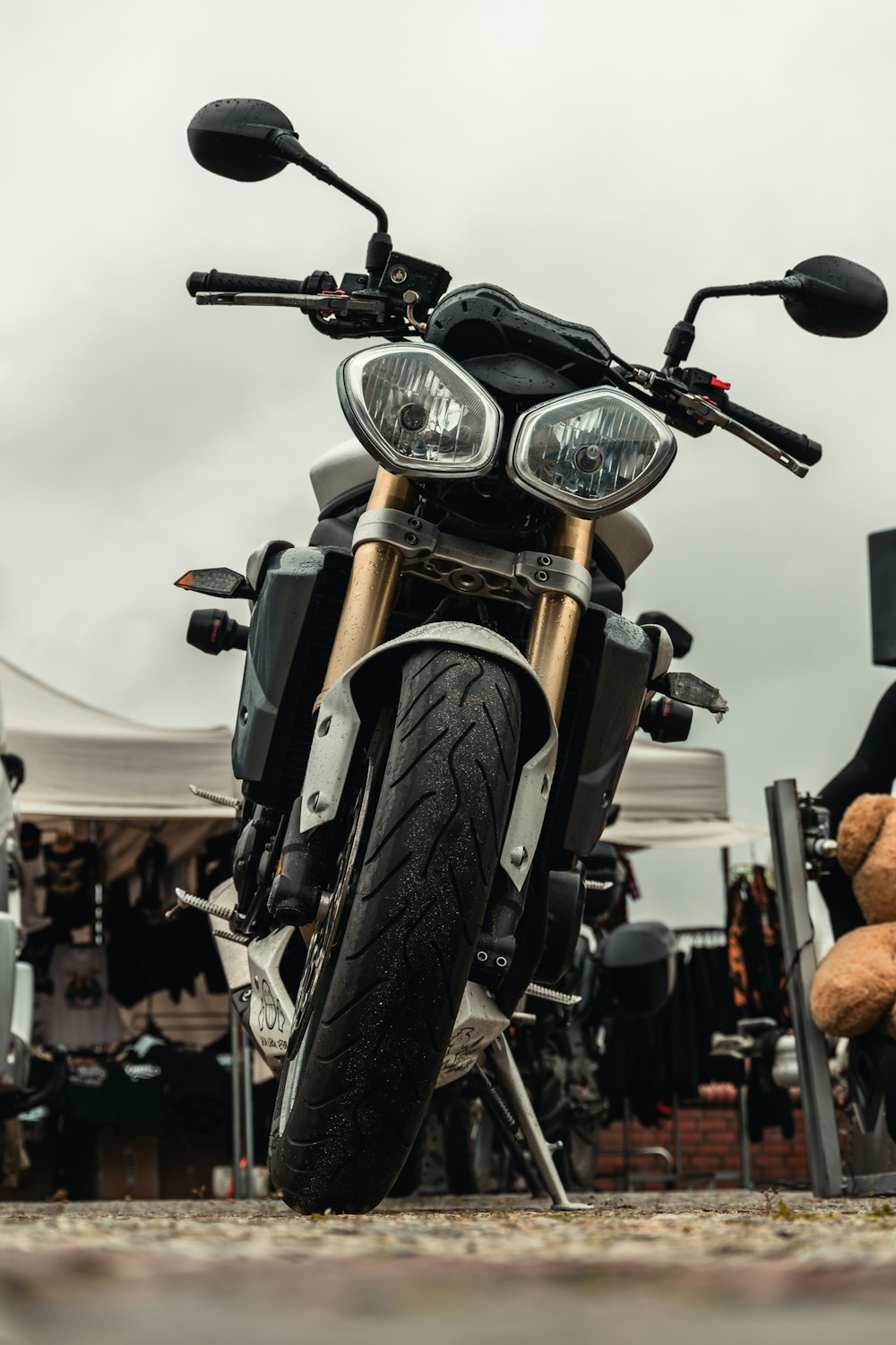 a close up of a motorcycle with a teddy bear