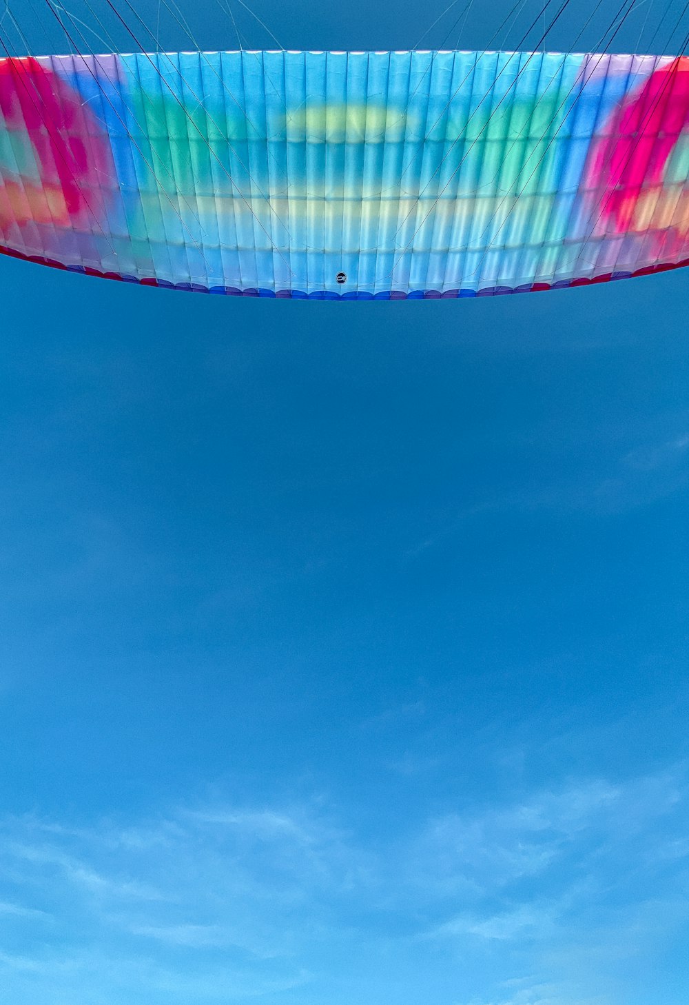 a colorful kite flying in a blue sky