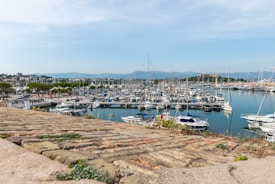 The image features a bustling marina filled with boats and yachts docked at piers. The marina is set against a backdrop of distant mountains and a clear, blue sky. In the foreground, a stone or brick parapet with some greenery adds texture to the scene. Trees and a few people can be seen around the marina area, enhancing the lively atmosphere.