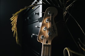 A wooden guitar headstock with tuning pegs is prominently featured. Light casts a warm glow on the instrument, highlighting the strings and the brand logo. The background is dark, with hints of plant leaves and a piece of furniture adding depth to the scene.