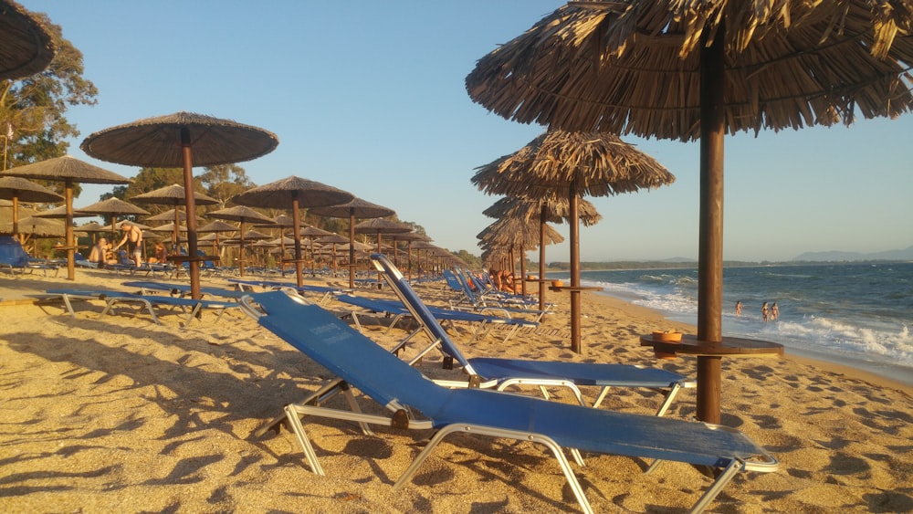 a row of lounge chairs sitting on top of a sandy beach