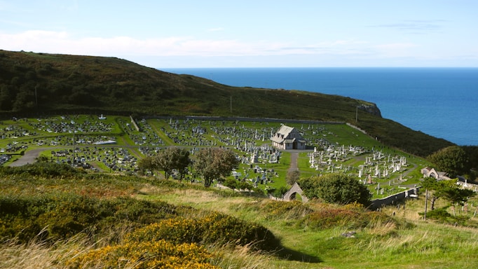 A cemetery is situated on a hill with a clear view of the ocean in the background. Numerous tombstones are scattered across the lush green grass, and a small chapel stands prominently in the center. The scene is bordered by rolling hills and dense vegetation.