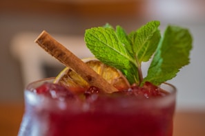 A close-up of a refreshing beverage garnished with fresh mint leaves, a slice of dried lime, and a stick of cinnamon. The drink has a rich burgundy color, and the glass is filled with crushed ice. The background is blurred, putting emphasis on the drink.
