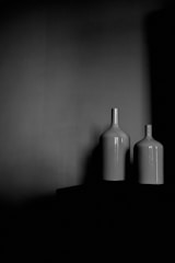 a black and white photo of two vases