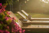 A relaxed courtyard scene with a retro woven leisure chair beside a lazy chair under dappled sunlight.