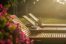 A relaxed courtyard scene with a retro woven leisure chair beside a lazy chair under dappled sunlight.