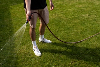 A person wearing shorts and sneakers is holding a garden hose, spraying water over a green lawn. The sunlight casts shadows on the grass.