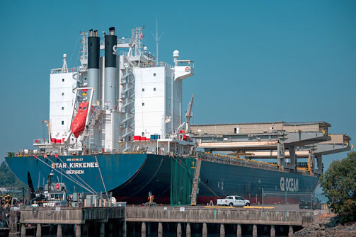 a large blue and white boat docked at a dock