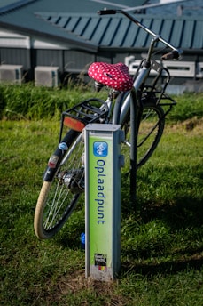 A bicycle with a red polka-dot seat cover is parked next to an electric charging station on a grassy area. The charging station has a bright green and blue design. In the background, there is a building with a metal roof and several air conditioning units.