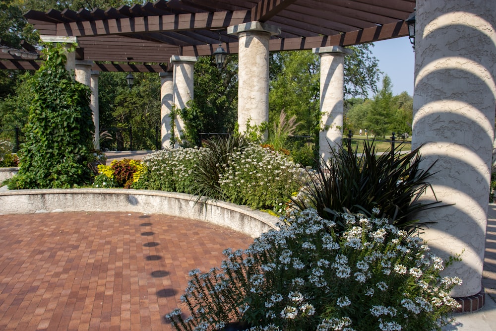 eine gemauerte Terrasse mit einem Pergoladach und weißen Blumen im Vordergrund