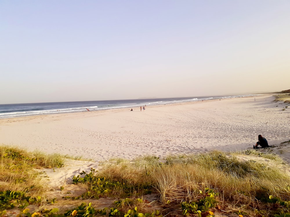 a person sitting on a beach next to the ocean