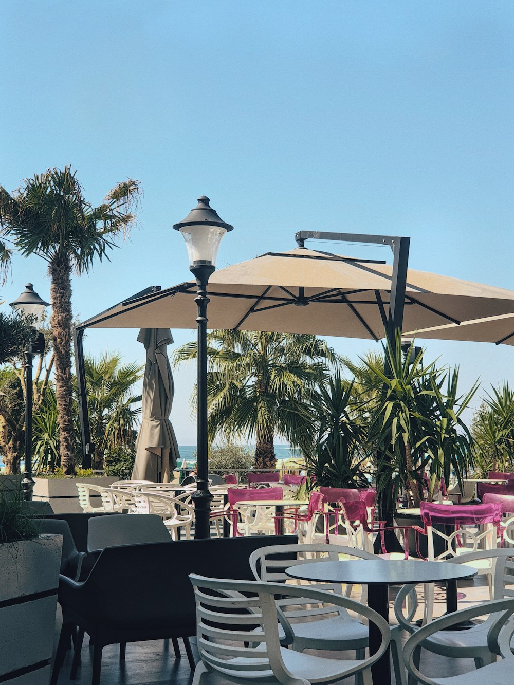 tables and chairs with umbrellas and palm trees