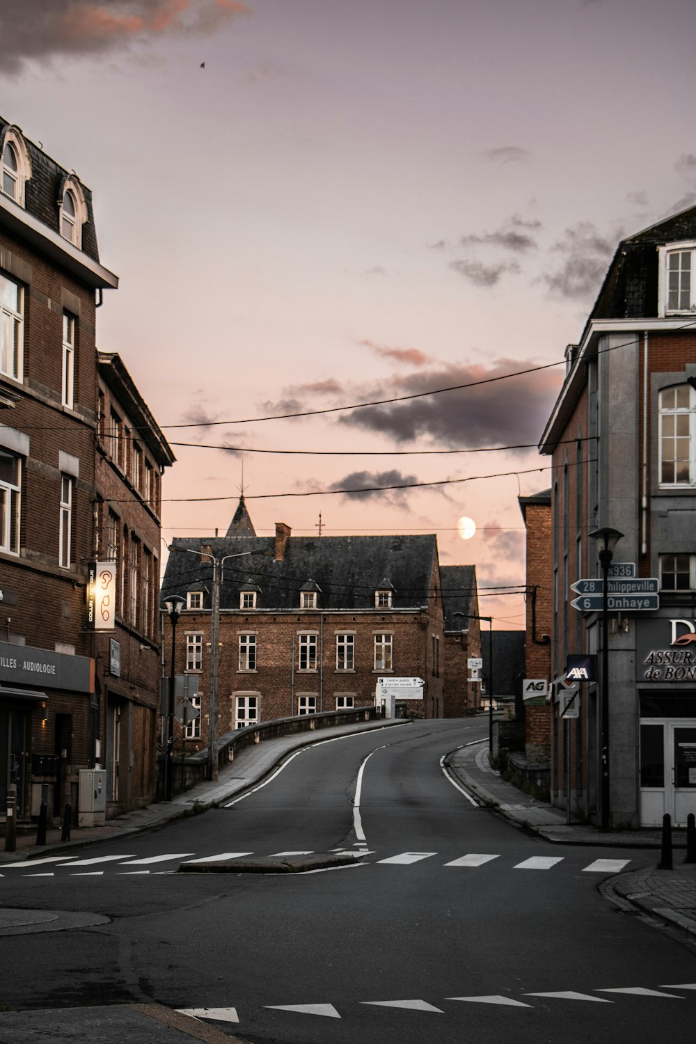 a street with buildings and a street light