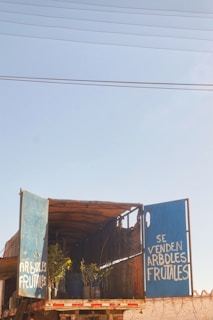 An open-back truck is parked with its rear doors wide open. The interior of the truck is filled with potted plants and small trees. The words 'SE VENDEN ÁRBOLES FRUTALES' (Fruit trees for sale) are painted in white on the blue doors.