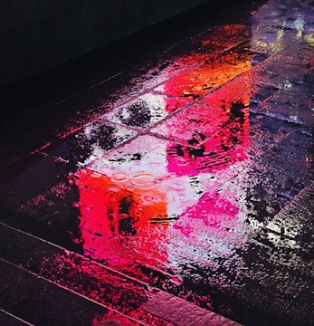 Still frame from a video showing vibrant neon signs reflecting on rain-soaked streets with blurred motion.