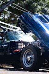 A classic car is parked with its hood open, revealing the engine and various components. The vehicle has a sleek design with shiny metal detailing, and the logo 'JAGUAR' is visible on the inside of the hood. Sunlight filters through overhead trees, creating dappled light on the car.