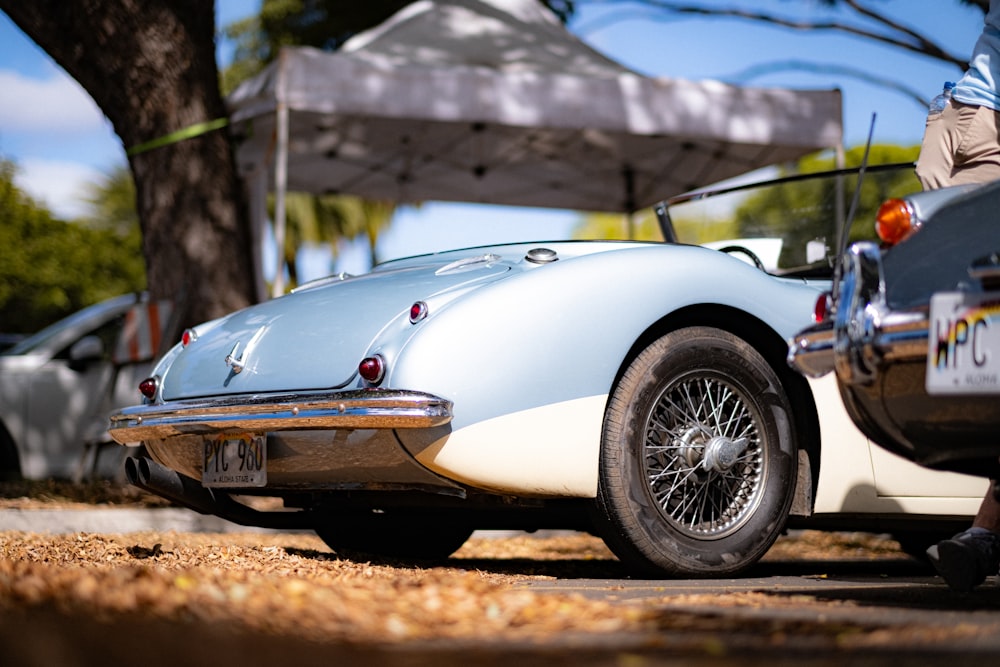 a blue and white sports car parked next to a tree