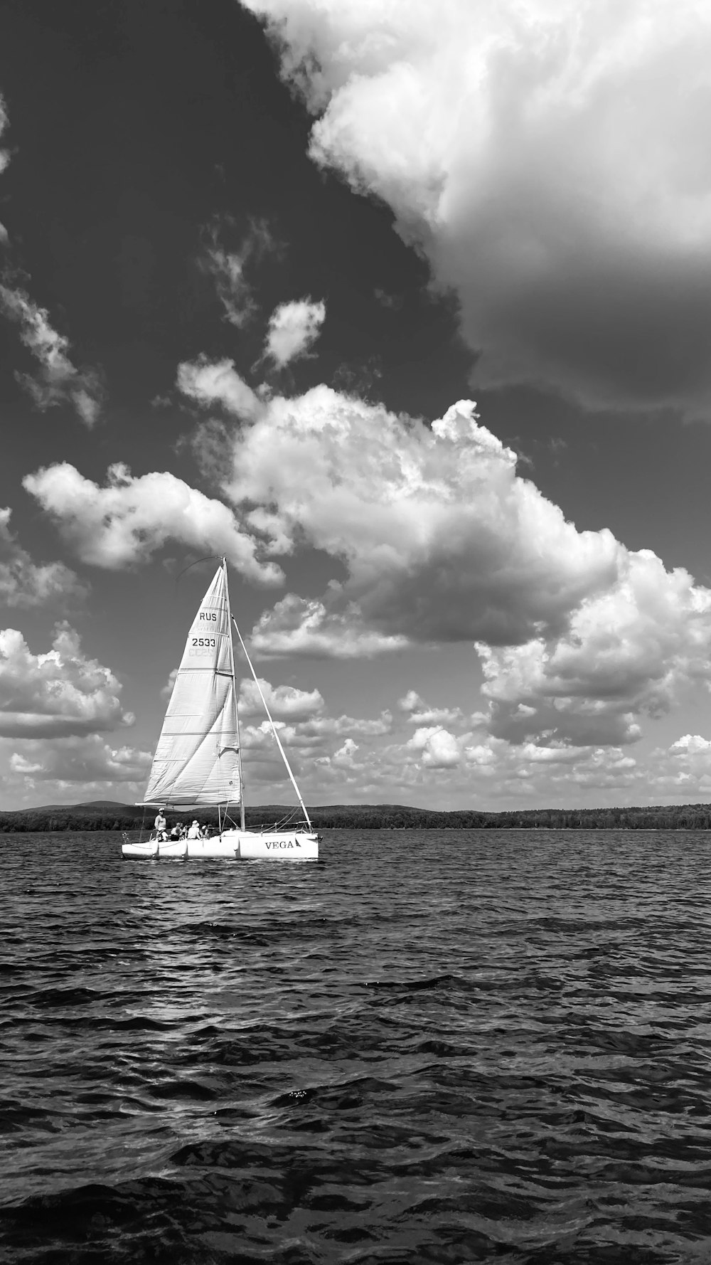 a black and white photo of a sailboat in the water