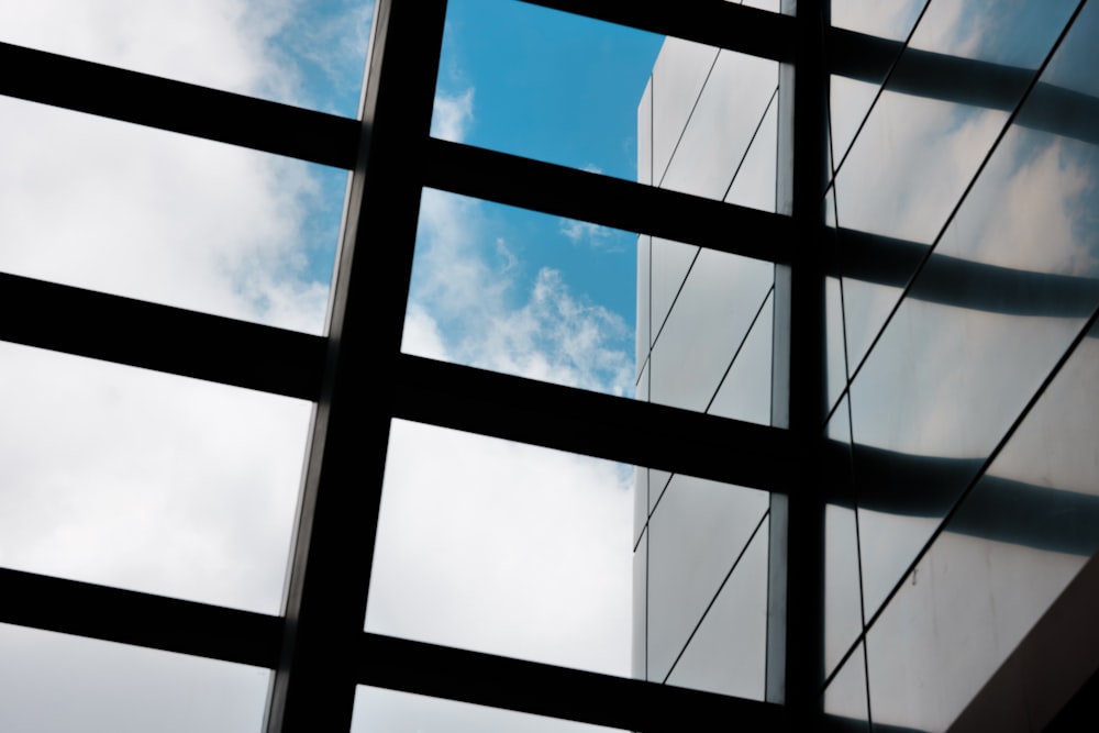 a view of a building through a glass window