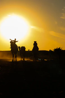 A vibrant sunset over the Sahara dunes with a camel caravan silhouetted against the sky.
