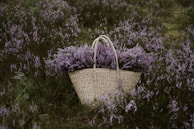 a wicker basket with purple flowers in a field