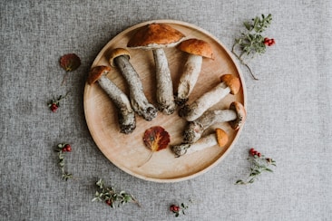 A wooden plate holds several mushrooms with brown caps and speckled stems, arranged on a textured gray fabric surface. Surrounding the plate are small red berries, green leaves, and a couple of dry autumn leaves, adding to the rustic and natural setting.
